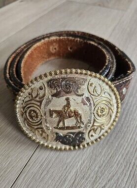 Vintage Montana Silversmiths Cowboy Belt Buckle & Leather Belt